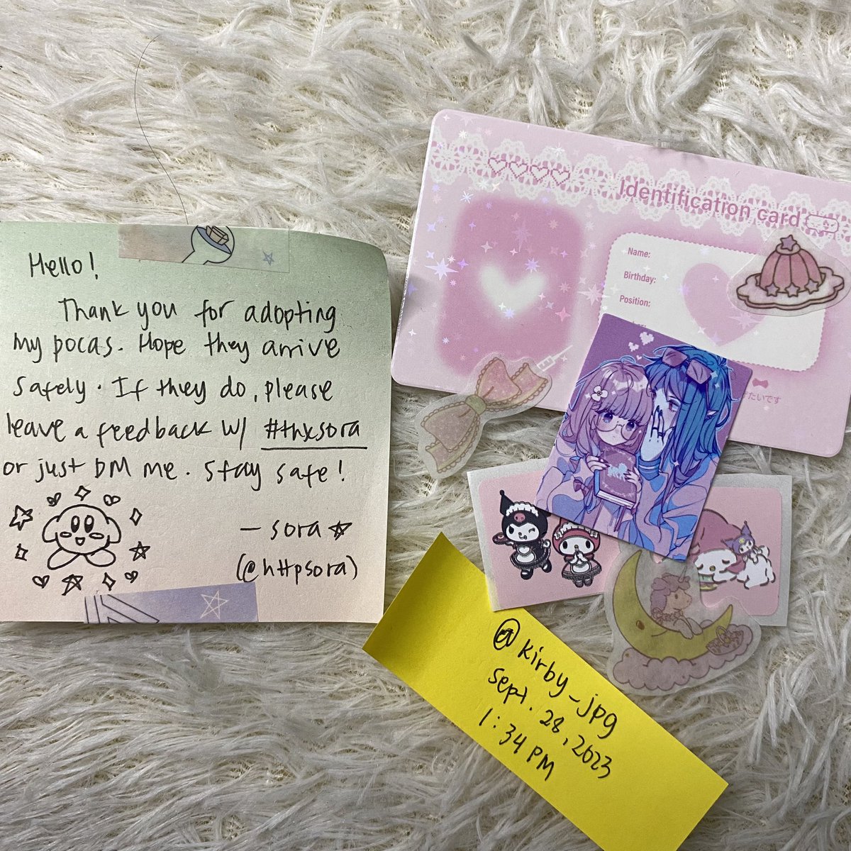kirby_jpg's tweet photo. 📦 — #PoyoMail

hii ! i received the pcs safely ! thank you for letting me adopt them, they're my first anipocas >< i love the kirby drawing and the freebies ! 

꒰ @httpsora #thxsora ꒱ https://t.co/8kBjiHwCG7