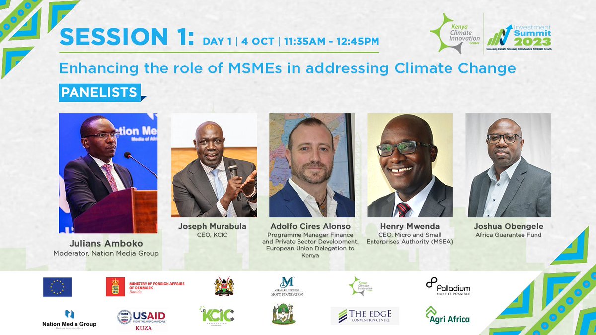 KenyaCIC's tweet photo. #ComingUp: |#KCICInvestmentSummit

How can Micro, Small, and Medium Enterprises (#MSMEs) leverage #climate finance to enhance their eco-friendly initiatives and play a pivotal role in reshaping environmental sustainability? 

Join the panel discussion to explore the intersection of MSMEs, climate finance, and #ClimateAction.