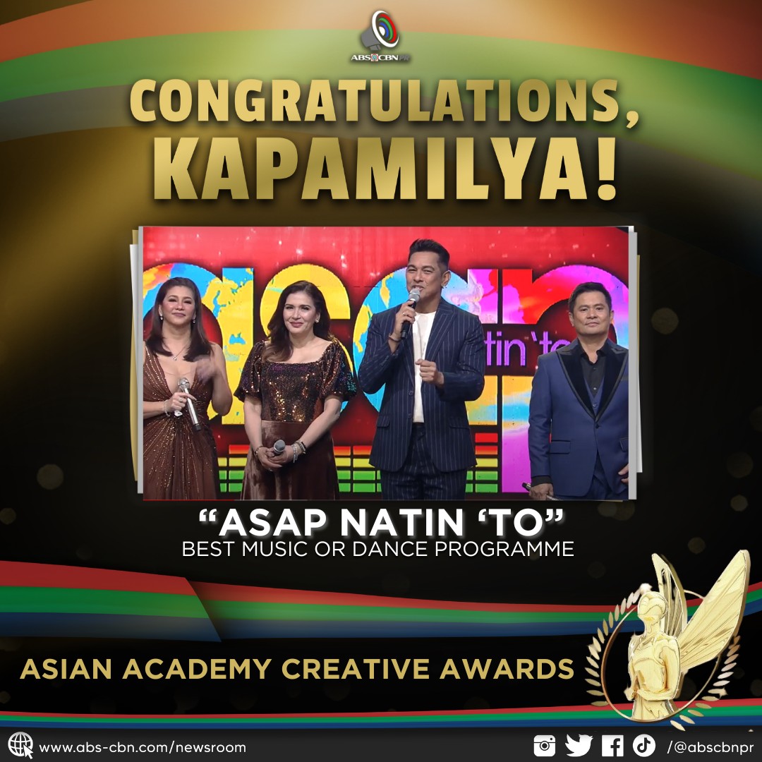 ABSCBNpr's tweet photo. Congratulations to ABS-CBN weekend shows #EverybodySing and #ASAPNatinTo for being hailed as national winners in the 2023 Asian Academy Creative Awards.

The national winners will represent the Philippines in the Grand Awards and Gala Final on December 7 in Singapore. https://t.co/4DBLONpoba