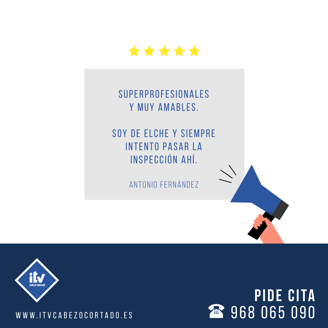 ⭐️⭐️⭐️⭐️⭐️
Trabajamos a diario para ofrecer la máxima profesionalidad a quienes nos visitáis. Por eso opiniones como esta en Google nos alegran el día. ¡Gracias, Antonio!😊
 
 🚗itvcabezocortado.es
#ITVMurcia #ITVCoches #Vehículos #Automóviles #Automóvil #Coche #Murcia