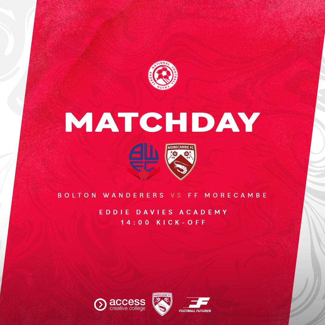 MATCHDAY!   

FF Morecambe make the 45.6-mile round trip to face Bolton Wanderers in another tough <a href="/NFYLU19U23/">National Football Youth League</a> encounter👊   

LET'S GO! ❤️🤍
