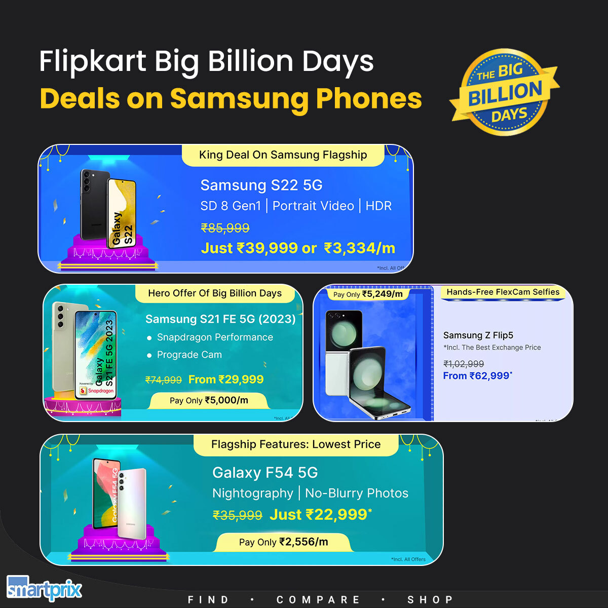 Attention, deal hunters! Samsung phone prices have taken center stage, but is this a truly historic low? Verify it using Smartprix's price history feature!

#SamsungGalaxyS22 #GalaxyS21FE #GalaxyF54 #GalaxyZFlip5 #BigBillionDays #FlipkartBigBillionDays #SmartprixPriceHistory