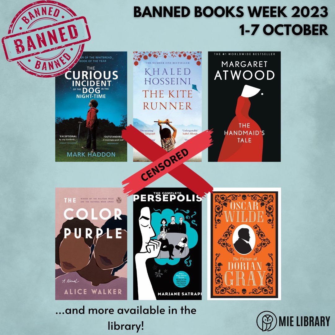 MIElibrary's tweet photo. It's #BannedBooksWeek 2023! Will you be reading any banned books this week? Come to the library to view our latest display exploring the history of book bans and censorship.
#ExploreMIELibrary #BannedBooks #Reading #Literacy https://t.co/66GBlXxQi9