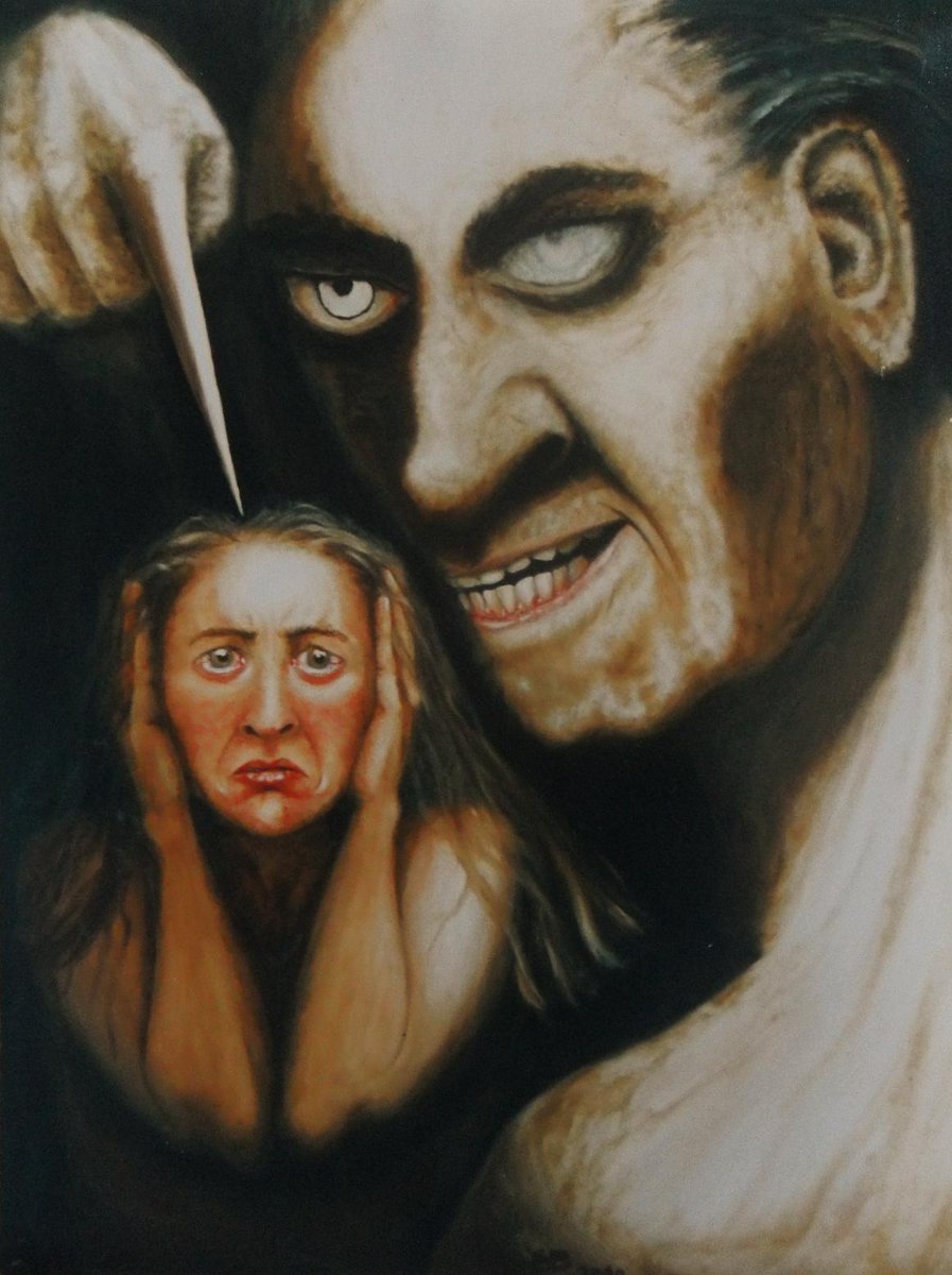 SuzzanBlac's tweet photo. @bleeding_dove @StevenBartlett @TaraSwart In this 2000 painting depicting my sex trafficker- I blot out his left eye- because it's 'meaningless' But his true evil resides in his right eye. Many people have mocked me for saying I can tell by the right eye- But the brain is remarkable in self protection &amp; instinct. https://t.co/TYagHVsxVo