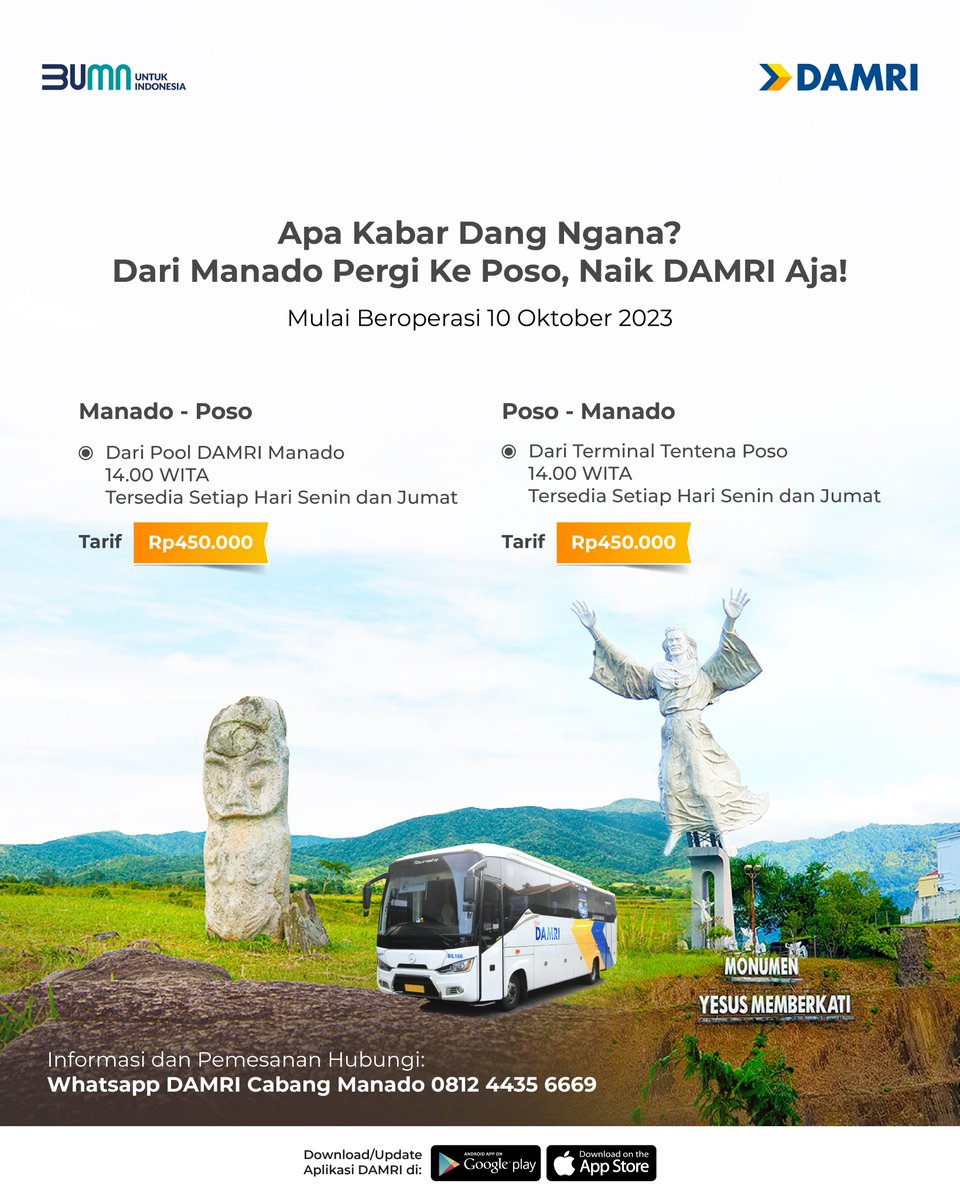 DamriIndonesia's tweet photo. Halo Sobat DAMRI Manado~ 👋
DAMRI siap memberikan layanan terbaik dan perjalanan yang nyaman. Segera beroperasi, rute Manado - Poso mulai 10 Oktober 2023. Makin banyak pilihan, makin leluasa!
DAMRI, #solusiperjalananmu
#Manado #Poso #Rutebaru #SulawesiUtara #DAMRI #AKDP https://t.co/xW6SD2OWqp