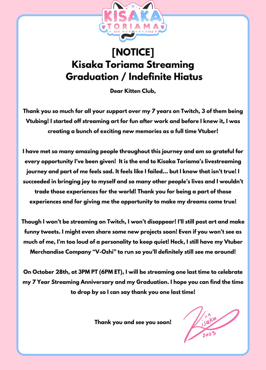 KisakaToriama's tweet photo. I am extremely thankful to everyone who's supported my journey but it's come to an end! 🩷🩵

I will be celebrating my 7 Year Anniversary and my Graduation on October 28th, 3PM PT (6PM ET) on my Twitch Channel! I hope to see you there for Kisaka's final livestream! https://t.co/XC1JhiH4Et