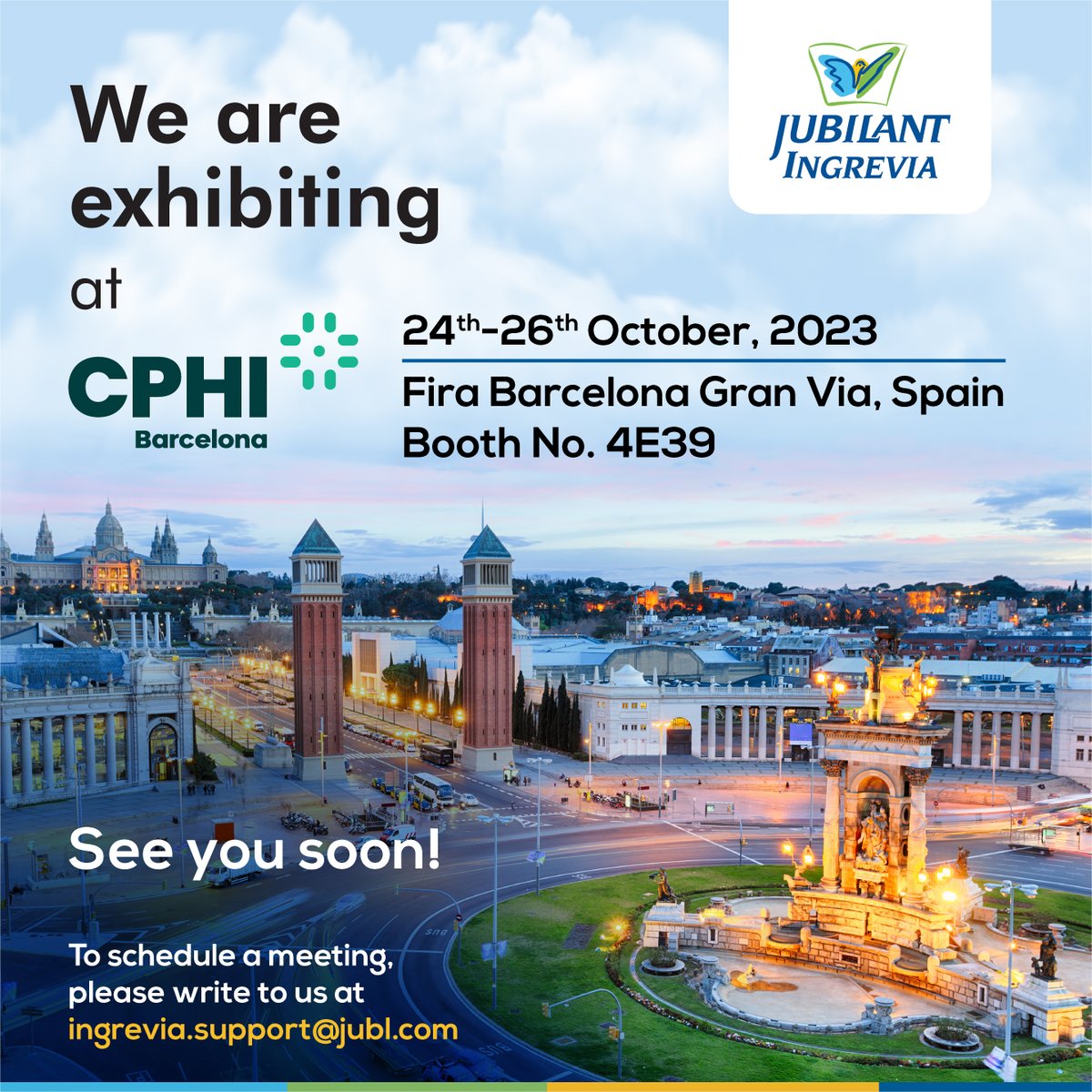 ingrevia's tweet image. We are Exhibiting at #CPHIBarcelona.

24th-26th Oct. 23
Fira Barcelona Gran Via, Spain
Booth No. 4E39

See you Soon!

To book a meeting, please drop us an email at ingrevia.support@jubl.com

#CPHI #CPHI2023 #CPHIExpo #CPHISpain #Jubilant #Ingrevia #JubilantIngrevia
