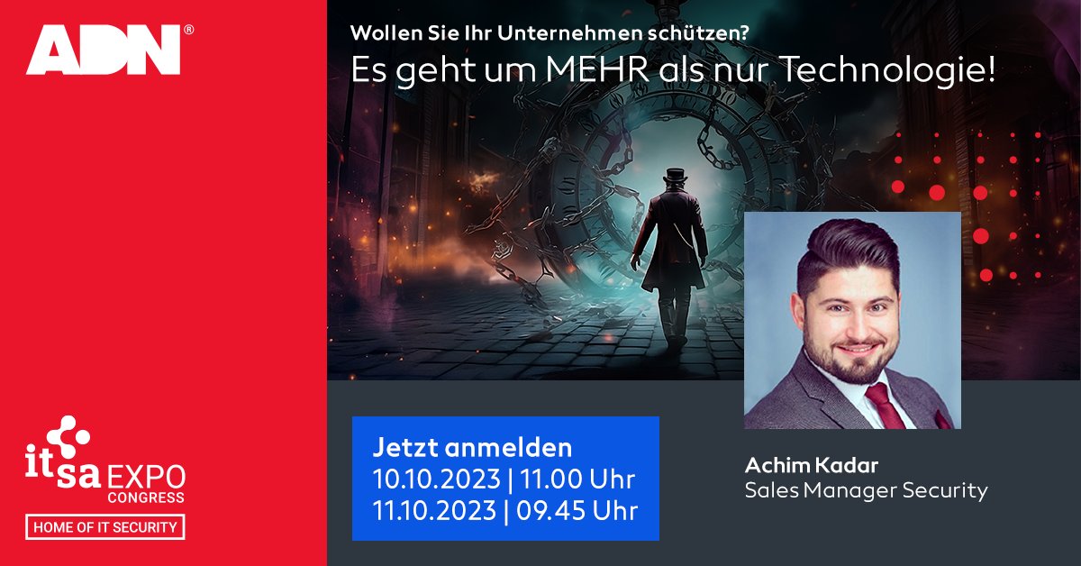 🚨𝐑𝐞𝐬𝐬𝐨𝐮𝐫𝐜𝐞𝐧𝐦𝐚𝐧𝐠𝐞𝐥 𝐢𝐧 𝐝𝐞𝐫 𝐈𝐓-𝐒𝐢𝐜𝐡𝐞𝐫𝐡𝐞𝐢𝐭? 
Mit ADN wandeln Sie Herausforderungen in Chancen um. 🛡️

🗓️ 10.10., 11 Uhr &amp; 11.10., 09:45 Uhr @ it-sa Expo.

Mehr wissen? 
👉 eu1.hubs.ly/H05y-vD0

#cybersecurity #innovation #itsecurity #itsaExpo2023