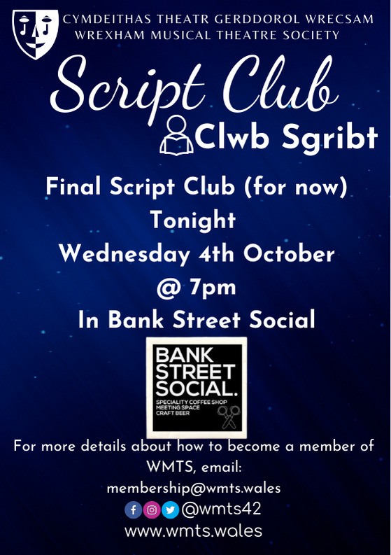 WMTS42's tweet image. SCRIPT CLUB| CLWB SGRIBT

Alas we must say goodbye for now - Tonight marks the last Script Club| Clwb Sgribt! 

Please come along to Banks Street Social at 7pm ... One last time !

See you all there...  | gweld chi i gyd yno...