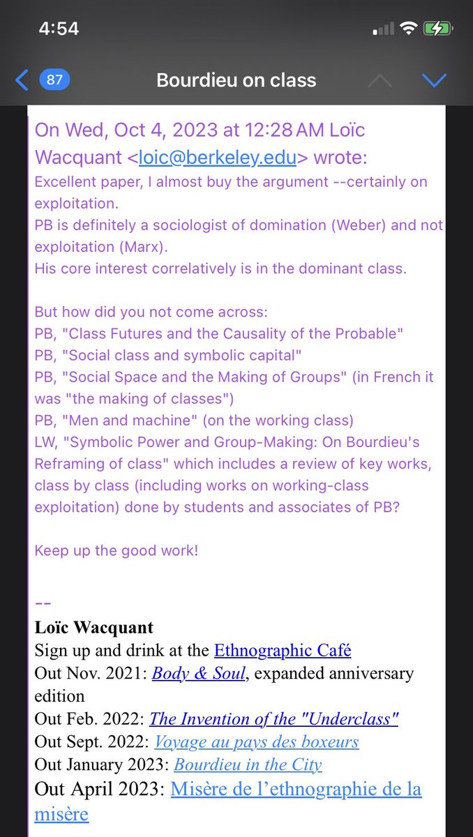 Response from Loïc Wacquant on our “Classes Without Labor” essay in @CritSoc. Getting the coauthor of “An Invitation to Reflexive Sociology” to “almost buy the argument” counts as a win to me!🥳 He also gave @its_mccarthy and I some homework for future writing….