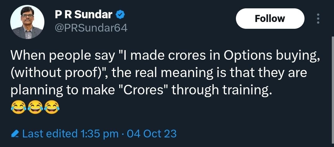 niftywizard's tweet photo. Today, I want to give my sincere gratitude to Mr. @PRSundar64 🙏

 I am not here for mud slinging. I sincerely feel he has been a driving force for me. He has been an inspiration to motivate me to think about this challenge that option buying cannot make you money. 

I agree the journey wasn't easy. I have earned and lost number of times, but only to work harder, analyze and get back into the game with better techniques and money management. Psychology has been the key driver which finallu helped me achieve this challenge I was on. 

Although, the advice or challenge did not come to me with any good or bad intention, I really took this up seriously. 

There are a hundred ways to do it. But you just need one and master it. I know there are thousands like me who are trying to do this. I would like to say them all, don't  approach options with a mindset of doubling your money with every trade. Stay humble, plan your steps ahead and if you don't have an appetite for taking loss, stay out of options. It's not meant for everyone. 

I don't want to demotivate anyone. But I feel it's my duty to tell people who believe in me to know the realistic picture. Everyone doesn't come to trade option with extra money. It's hard earned money which you need to protect as well as trade. So kindly be disciplined, humble and always know that Mr. Market is bigger than anyone of you.