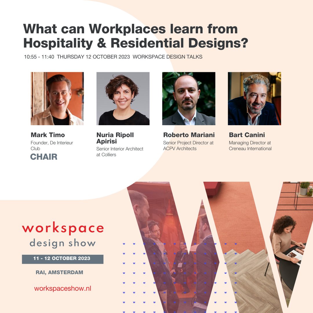 Join us at the WDS for super interesting panel discussions! 👇

Register for your complimentary visitor pass to attend Workspace Design Show:
tinyurl.com/yckkjz3k

#workspacedesignshownl #holistic #workexperience #destinationworkplace #hospitalityfocused
#wellnessspaces
