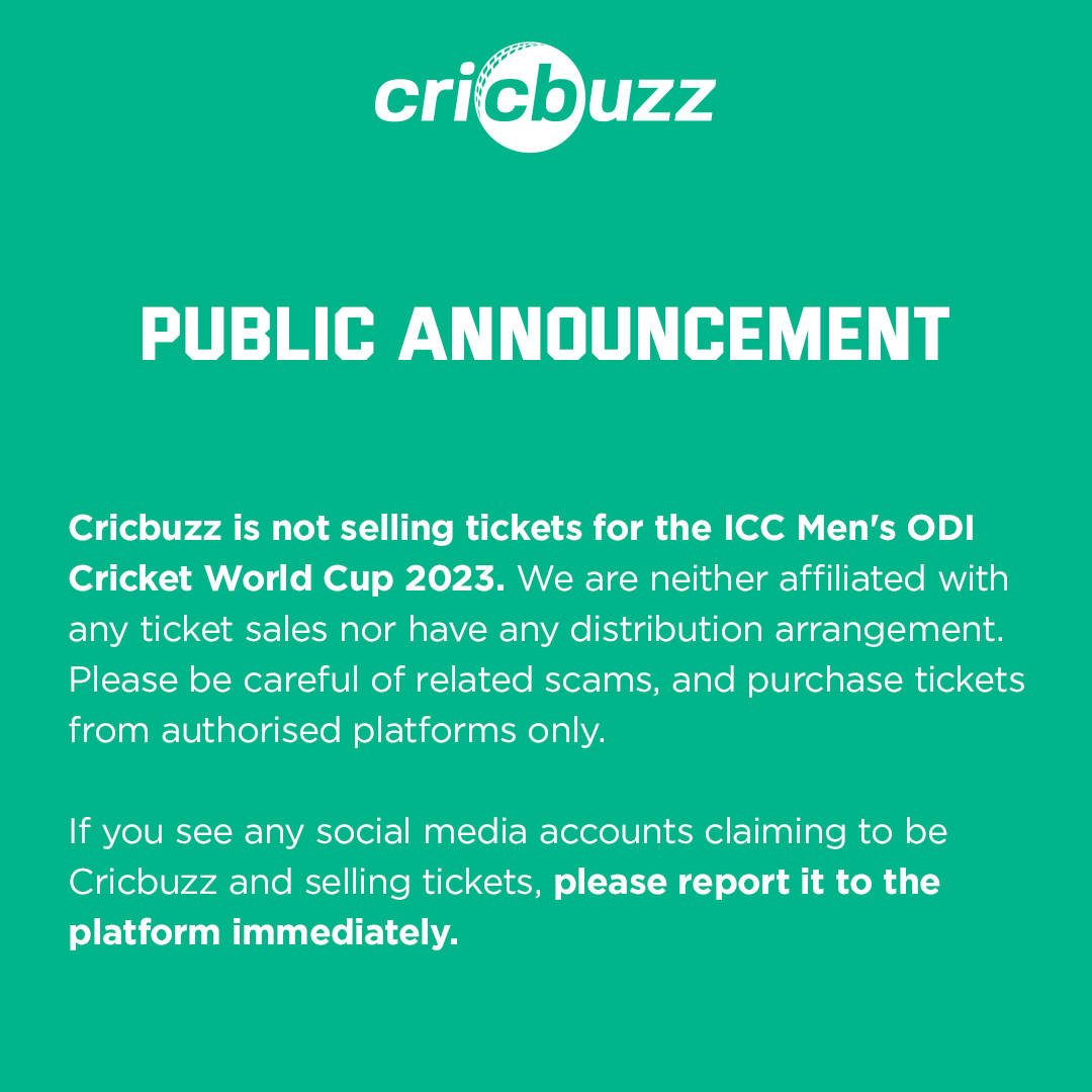 Cricbuzz is not selling tickets for the ICC Men's ODI Cricket World Cup 2023. Please be careful of imposters and related scams