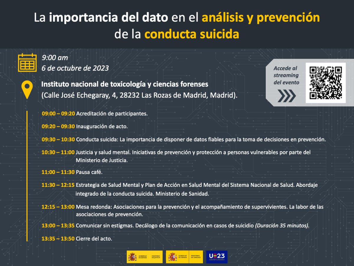 El viernes 6 de octubre se celebra el acto ‘La importancia del #dato en  el análisis y prevención de la conducta suicida’, organizado por  <a href="/justiciagob/">Ministerio de la Presidencia, Justicia y R. Cortes</a> y <a href="/sanidadgob/">Ministerio de Sanidad</a>, de manera presencial y  virtual. Puedes seguirlo a partir de las 9:30 aquí 👉 bit.ly/3LGt3pR
