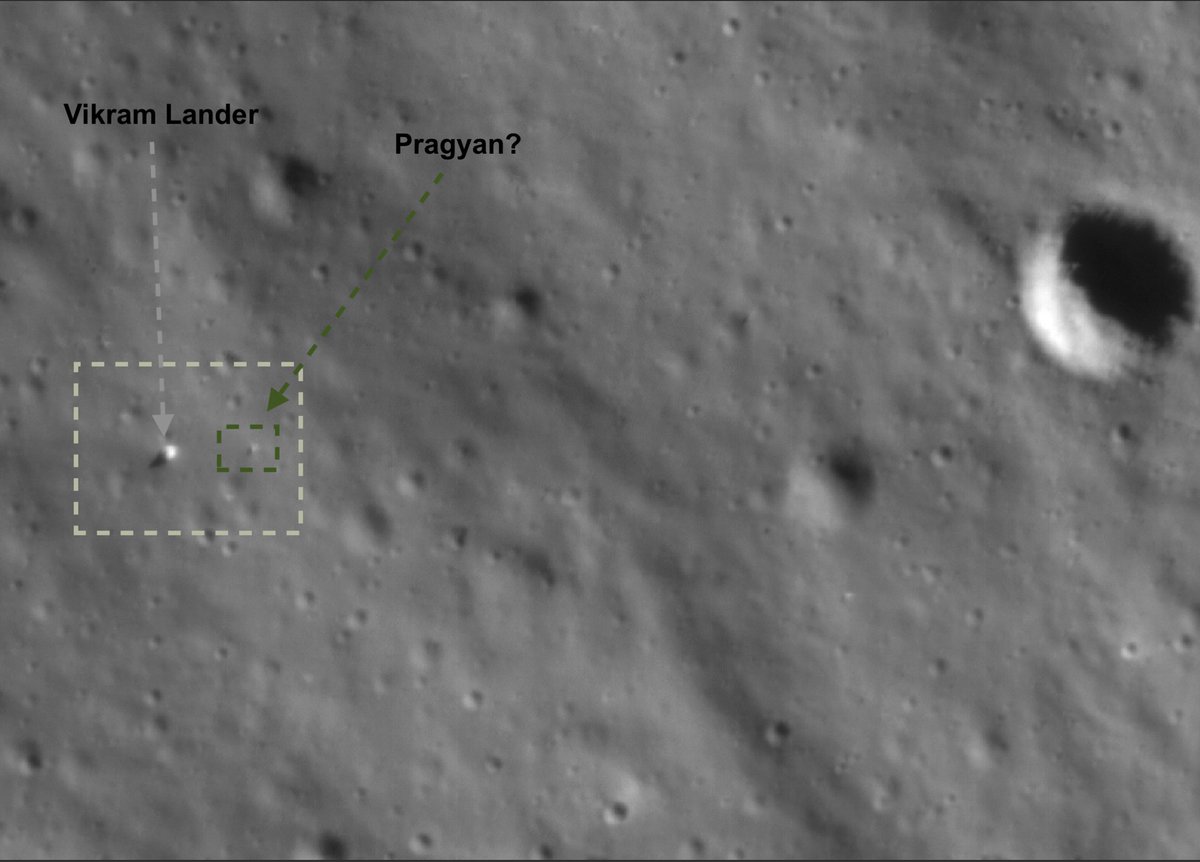 More confirmation is needed but I think I found the #VikramLander #PragyanRover  #Chandrayaan3 in the freshly released OHRC images 
Observation time: August 23, 2023, 08:20:47.5804 PM IST / August 23, 2023, 02:50:47.5804 PM