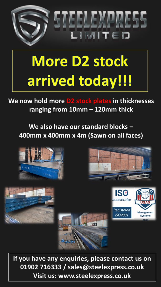 Steel Express Limited (@steelexpress) on Twitter photo More D2 #toolsteel plates delivered today!!!
We now hold more stock than ever before!!!
We have no minimum order charge and can offer a priority service!!!
Contact us on
01902 716333 // sales@steelexpress.co.uk More D2 #toolsteel plates delivered today!!!
We now hold more stock than ever before!!!
We have no minimum order charge and can offer a priority service!!!
Contact us on
01902 716333 // sales@steelexpress.co.uk