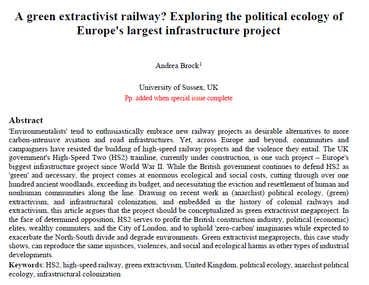 DrX_ADunlap's tweet image. 📢The 5th article from  The Political Ecology of Green Extractivism special issue @journalofpolit1 is out!

@Andrea__CJN explores England's High-Speed Railway (#HS2) through the less of green extractivism!

➡️journals.librarypublishing.arizona.edu/jpe/article/id…

#infrastructure #climate @judithverweijen