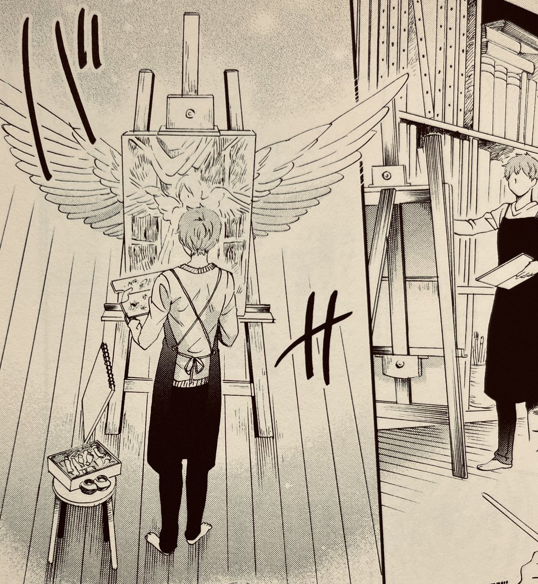 『壁の中の天使』は結構前の作品なのですが個人的には翼たくさん描けてめっちゃ楽しかったです。イーゼル越しに羽広げる場面とか気に入ってます🪽あと1話の最後のページも!
#天使の日 
