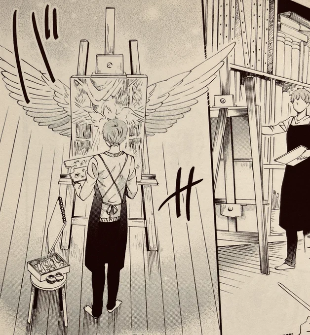 『壁の中の天使』は結構前の作品なのですが個人的には翼たくさん描けてめっちゃ楽しかったです。イーゼル越しに羽広げる場面とか気に入ってます🪽あと1話の最後のページも!
#天使の日 