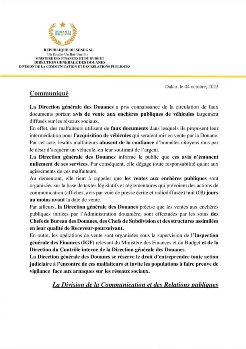 DouaneSenegal's tweet photo. Communiqué de la Direction générale des Douanes. https://t.co/jfxoYddp2u