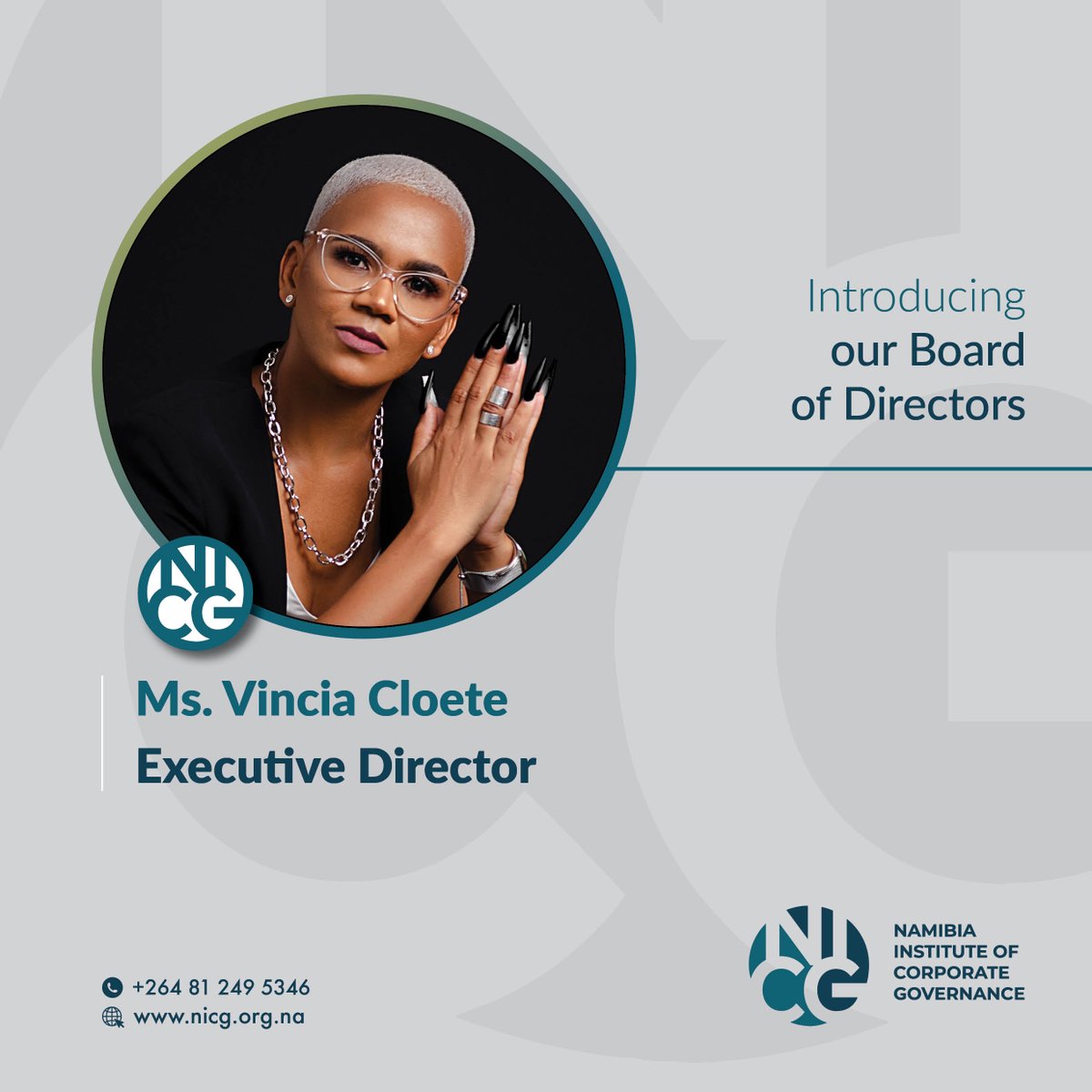 Namibia_NICG's tweet photo. Introducing our Board of Directors.
Meet Ms. Vincia Cloete, Executive Director.

Ms. Cloete, is a Governance and Legal Practitioner with over a decade of professional experience, offering board solutions to various organisations. https://t.co/paVucsLwxY