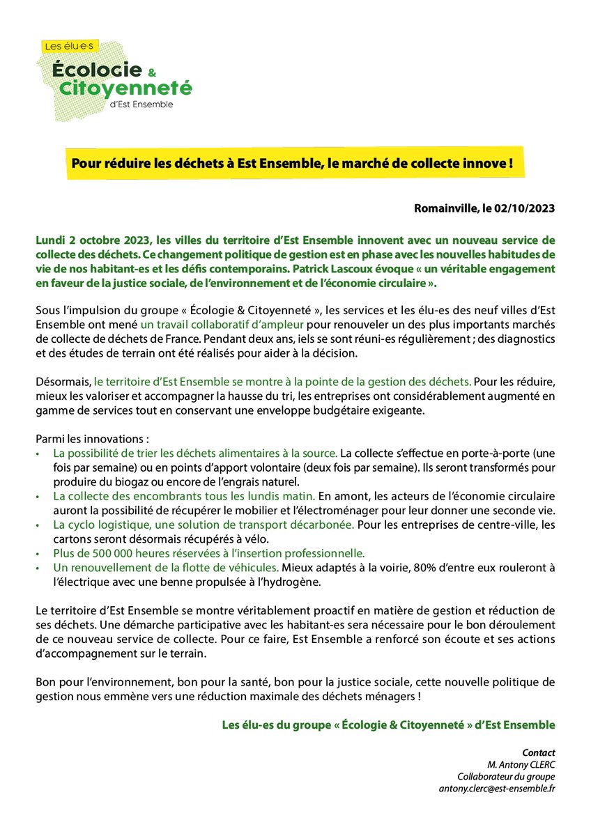 ✒️📄[COMMUNIQUE DE PRESSE]

Le groupe Écologie &amp; Citoyenneté s'exprime sur le nouveau service de collecte des déchets déployé à <a href="/Est_Ensemble/">Est Ensemble</a>. Découvrez ce qui change et pour quelles raisons ! (👋<a href="/Lascoux_Patrick/">Lascoux Patrick</a>)
