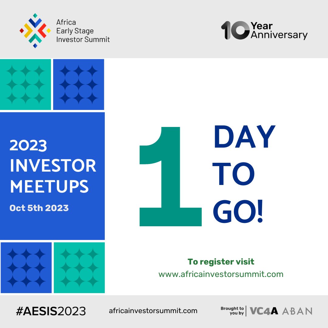 🚀 Excited to be just one day away from the @AESIS_summit local investor meetups! 🚀 We look forward to connecting with fellow #investors, sharing insights, and exploring new opportunities. Have you registered yet? Secure your spot now at: bit.ly/3ZICWsV @VC4Africa