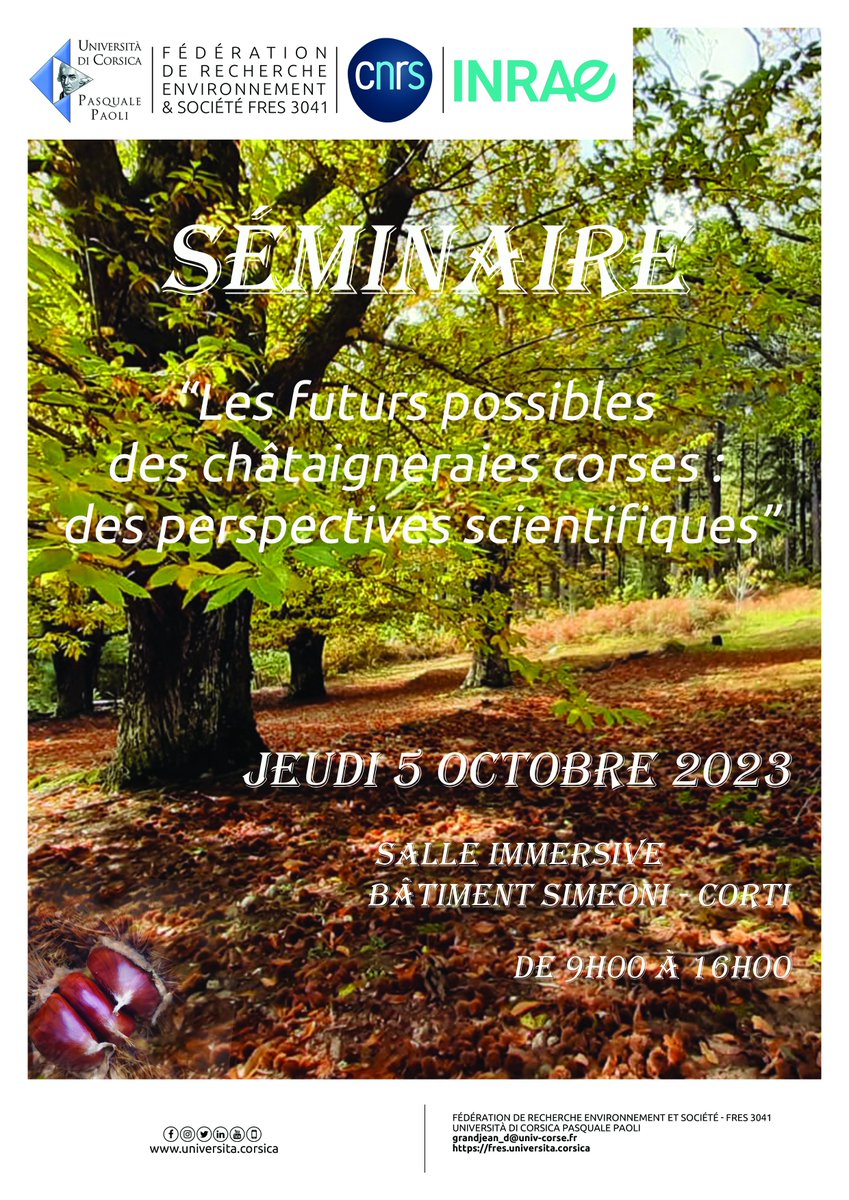 🪵Dans le cadre du projet "Académie du bois", 📅jeudi 5 octobre :🌰 Séminaire sur les châtaigneraies corses : des perspectives scientifiques.➡️Plus d'infos fres.universita.corsica/article.php?id… fres.universita.corsica/article.php?id…