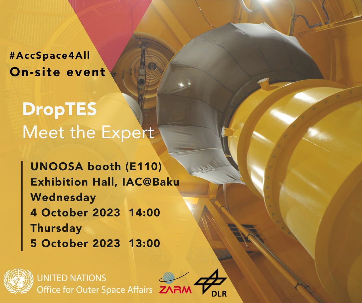 UNOOSA's tweet photo. Want to conduct microgravity experiments at @ZARM_de 🇩🇪 with #DropTES? If you are at @Iac2023, join the “Meet the Expert” event at the @UNOOSA booth (110)📷. The experts from @ZARM_de &amp; @UNOOSA will explain/answer questions today 4 Oct 2pm &amp; Thurs 5 Oct 1pm. #AccSpace4All https://t.co/VFelYWHtbe