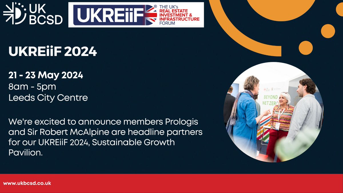 We're excited to announce members Prologis and Sir Robert McAlpine are headline partners for our UKREiiF 2024, in Leeds from 21-23 May 2024.
Register online: buff.ly/3to84lo 

#Sustainability #Leadership #UKBCSD