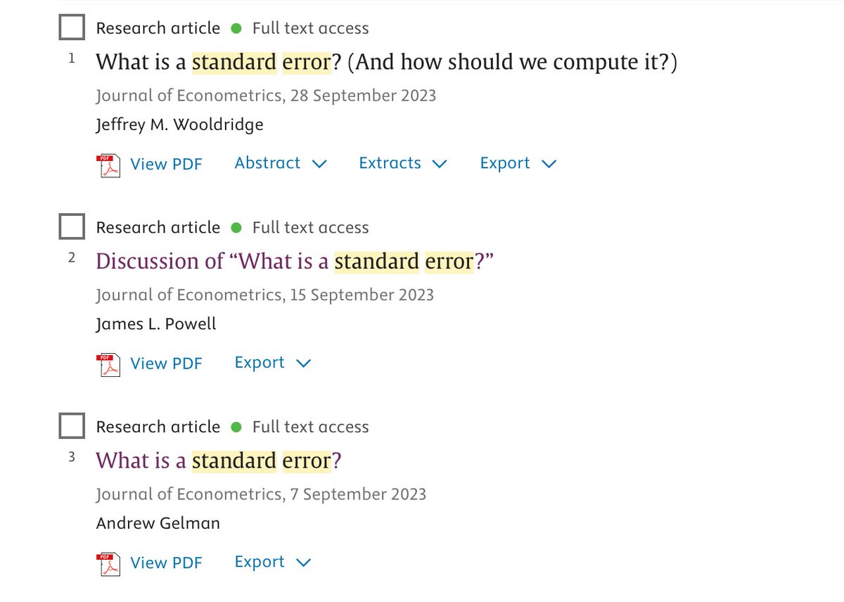 Hi #EconTwitter! 

What is a standard error? 🧐😆

The "trilogy" of papers on the subject, published in @jeconometrics, is now completed. 

Check out 👇these contributions by <a href="/jmwooldridge/">Jeffrey Wooldridge</a> (<a href="/michiganstateu/">MSU</a>), Andrew Gelman <a href="/StatModeling/">Andrew Gelman et al.</a> (@columbia) and James Powell (<a href="/uarizona/">University of Arizona</a>)!