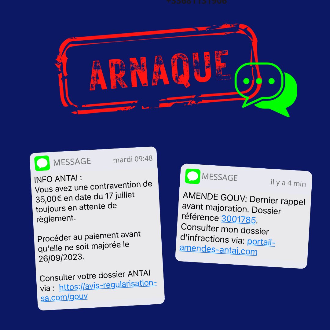 60millions's tweet photo. [#ALERTE⚠️] #Arnaque au #PV de stationnement 🚗 !
Vous venez de recevoir un SMS ou un mail vous annonçant que vous devez payer une #amende ? Ne l’ouvrez pas !
👉 https://t.co/mx4Iu1vCCM

@cybervictimes  @PorteParoleMI
#Smishing #SignalSpam #ANTAI #CyberMois #CybeResponsable https://t.co/bNq4MTsBpu