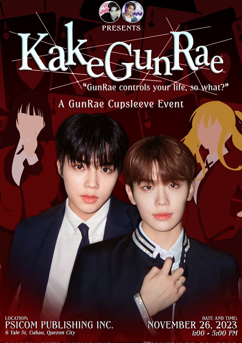 KimTaeraePHL's tweet image. ♠️♣️KAKEGUNRAE♥️♦️
 "Gunrae controls your life, so what?"

🚨 Attention FILO ZE_ROSES, KKULTARAES AND GEONPPANGDAN!🌹

We invite you to an exciting event that will bring you to a place like "Hyakkaou Private Academy" with @KimTaeraePHL &amp;amp; @ParkGunwookPHL at our KAKEGURUI themed…