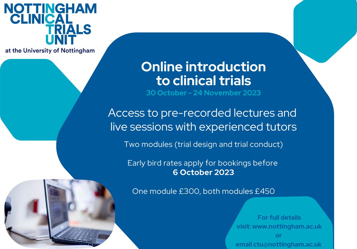 🚨Don't forget to book your place on our Online Introduction to Clinical Trials course by 6th October to benefit from the early bird rate! Full details & link to book at: store.nottingham.ac.uk/conferences-an… Please RT! Thank you @MedicineUoN @nottingham_CTU
