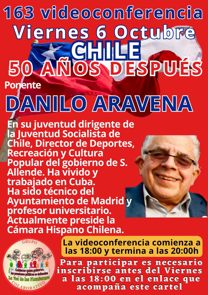 #Chile
#50AñosDespues
*Chile, 50 años después*
Inscríbase en el enlace
👇🏻👇🏻👇🏻👇🏻
*us02web.zoom.us/meeting/regist…*
Recibirá E-mail para unirse
<a href="/pensionazo_no/">G. C. LA VOZ de LAS PLATAFORMAS</a>
<a href="/PorLaUnidadPens/">@PorLaUnidadSocial</a>
<a href="/LaVozenIgualdad/">La Voz de las Plataformas por la igualdad.</a>