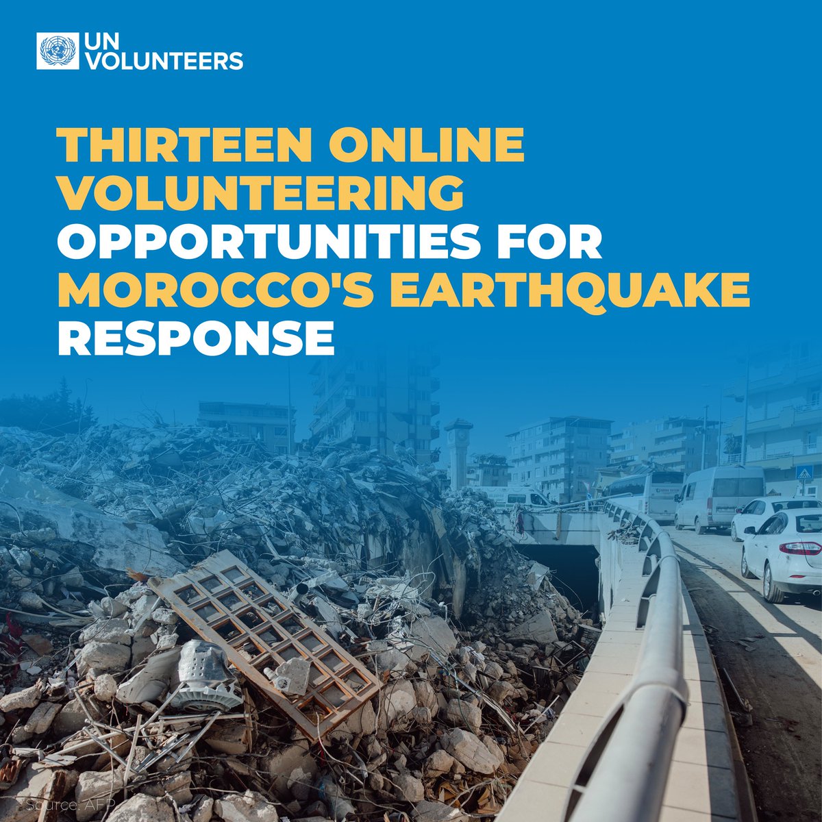 📣 Call for #OnlineVolunteers to support #MoroccoEarthquake 🇲🇦 response with <a href="/UNDP/">UN Development</a>, 
UNRCO and <a href="/UNVMaghreb/">UN Volunteers Maghreb</a>. 

More 🔗app.unv.org/?country=MAR
