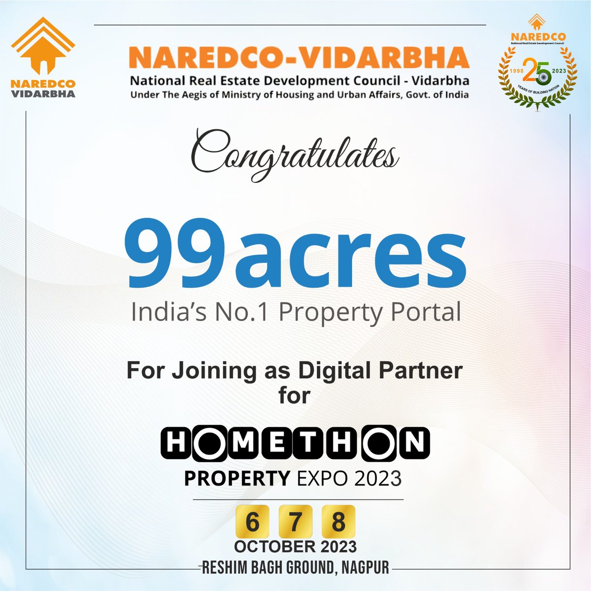 📢 𝐄𝐱𝐜𝐢𝐭𝐢𝐧𝐠 𝐍𝐞𝐰𝐬 𝐅𝐥𝐚𝐬𝐡! 🎉
Prepare for the buzz because 99acres has just secured a spot at #𝐇𝐨𝐦𝐞𝐭𝐡𝐨𝐧𝐄𝐱𝐩𝐨𝟐𝟎𝟐𝟑 🙌
#NagpurHomes #RealEstateNagpur #NagpurProperty #99acres
#NagpurBuilders #SmartCitiesIndia #VidarbhaRealEstate #PropertyInVidarbha