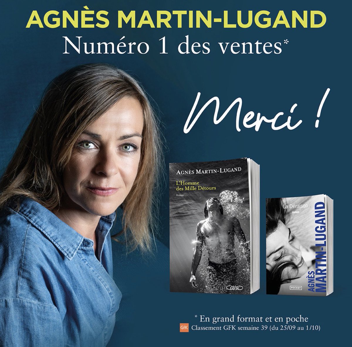 Agnès Martin-Lugand signe son grand retour avec son magnifique nouveau roman « L’Homme des Mille Détours » qui se hisse dès sa sortie sur la 1ère marche du podium, tous livres confondus. Même destin pour son roman « La Déraison » qui se classe numéro 1 en format poche.@ElsaLafon