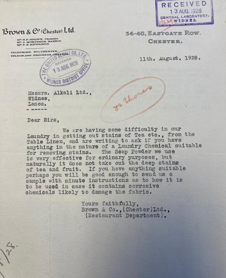 catalystarchive's tweet photo. It's the stuff within the stuff that's often the most pleasing!  Charming letter from department store Browns of Chester in 1928 (lurking in a report) asking Widnes Lab if they have anything for getting tea and fruit stains out of tablecloths! Love it. #brownsofchester #widneslab https://t.co/EXwnjnM1mV