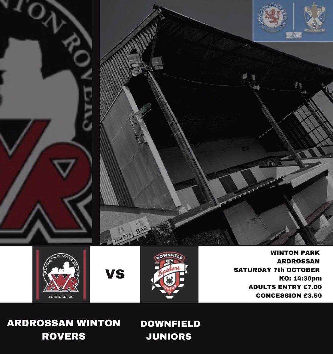 Good morning you lovely lot! It’s the second round of the Scottish Junior Cup and we are at home!! Here are the details!! 

SATURDAY 7th OCTOBER
WINTON PARK
KO 14:30

Adults £7.00
Conc £3.50

*Please note, season tickets are not valid at this game*

AWR v <a href="/ClubDownfield/">Downfield Junior Football Club</a>