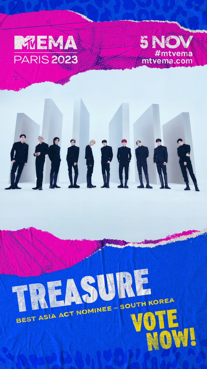 MTV_JAPAN's tweet photo. ＼#MTVEMA に #TREASURE がノミネート! ／
11/5(日)にパリで開催される「2023 MTV EMA」🏆

アジアのベストアーティストを決定する #BestAsiaAct にTREASURE(@treasuremembers)がノミネートされました!

▼���票はこちら
https://t.co/gEc1B8wFOE

〆切:11/1 (水)7:59まで https://t.co/8AZi9xkwDw