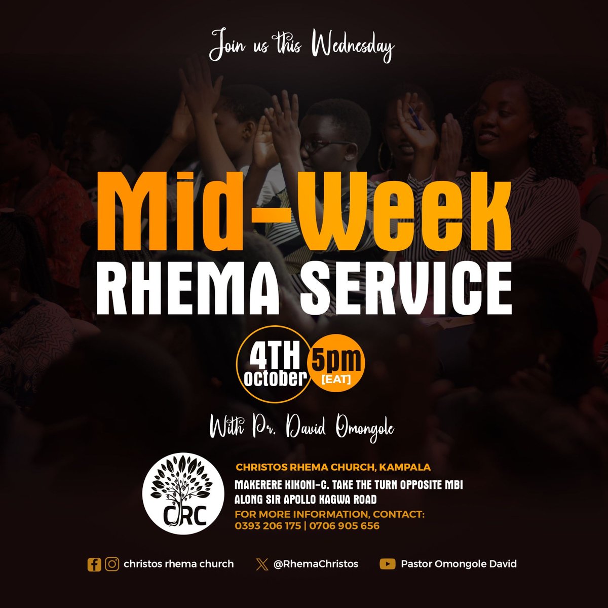 RhemaChristos's tweet photo. MID-WEEK RHEMA SERVICE
Today!
We have a special service at our church premises in Makerere Kikoni C

From 5pm to 8pm (EAT)

Come with someone, you will not regret it.

#SMN2023
#1DaysToGo
#Grace
#GreatGlory https://t.co/wWwnxeQ4Tt