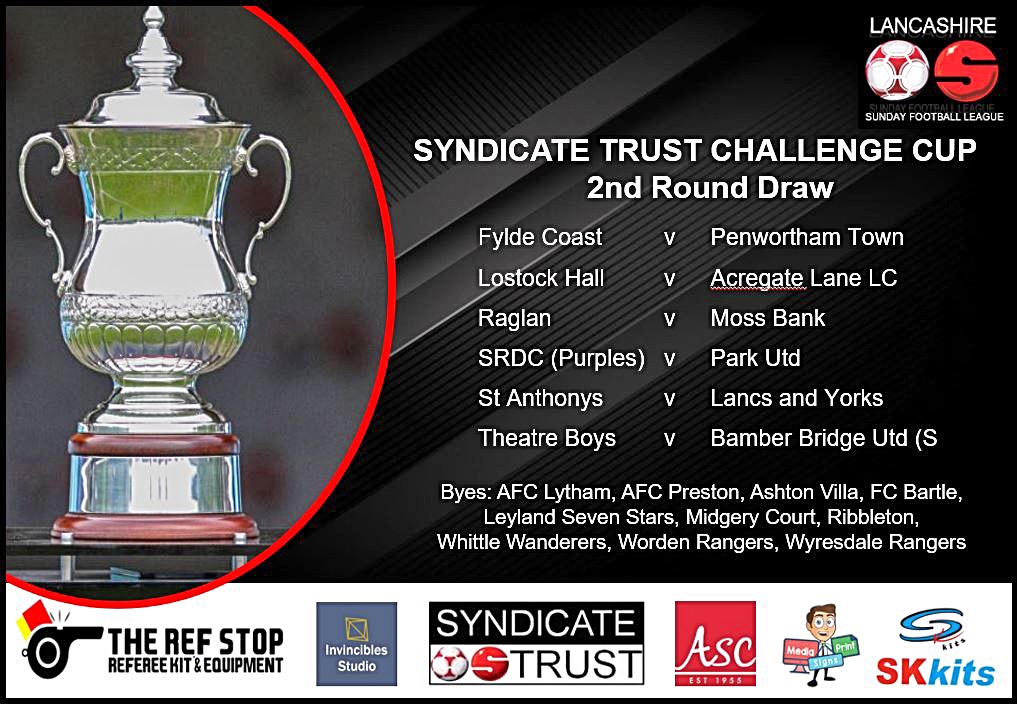 CHALLENGE CUP: The draw for Round 2 of the Syndicate Trust Challenge Cup, made by Andy Livingstone (Changing Room) &amp; Nikki Nye.

Details of the date of the ties to be confirmed and will be dependent on the weather and when the outstanding LFA Sunday Trophy games have been played.