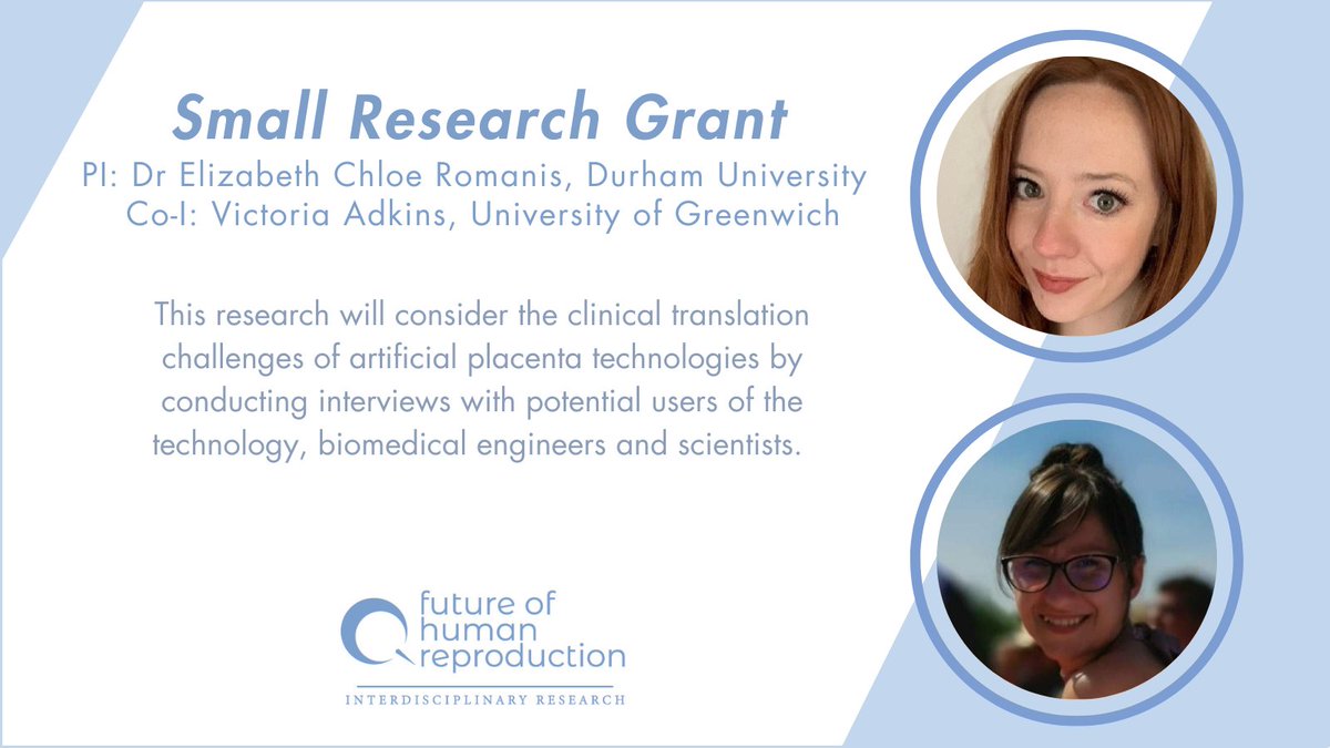 Future of Human Reproduction (@futureofrepro) on Twitter photo Dr Elizabeth Chloe Romanis (<a href="/ECRomanis/">Dr (Elizabeth) Chloe Romanis</a>) and Victoria Adkins (<a href="/VickyAdkins1990/">Dr Victoria Adkins</a>) have been awarded a Small Research Grant to undertake empirical social science research into the development of artificial placenta technologies.
Find out more here: tinyurl.com/2p8b6hvp 4/7 Dr Elizabeth Chloe Romanis (<a href="/ECRomanis/">Dr (Elizabeth) Chloe Romanis</a>) and Victoria Adkins (<a href="/VickyAdkins1990/">Dr Victoria Adkins</a>) have been awarded a Small Research Grant to undertake empirical social science research into the development of artificial placenta technologies.
Find out more here: tinyurl.com/2p8b6hvp 4/7