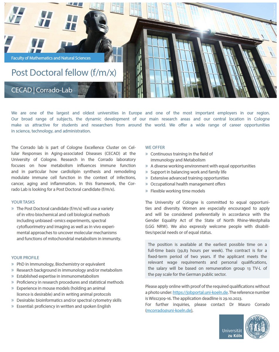 🚨🚨We are hiring! Looking for a Post-Doc in #immunometabolism? Willing to develop single cell metabolic assays and apply them to complex immune populations with spectral cytometry? This is the place for you! Check position Wiss2309-16 and apply here: jobportal.uni-koeln.de🚨🚨