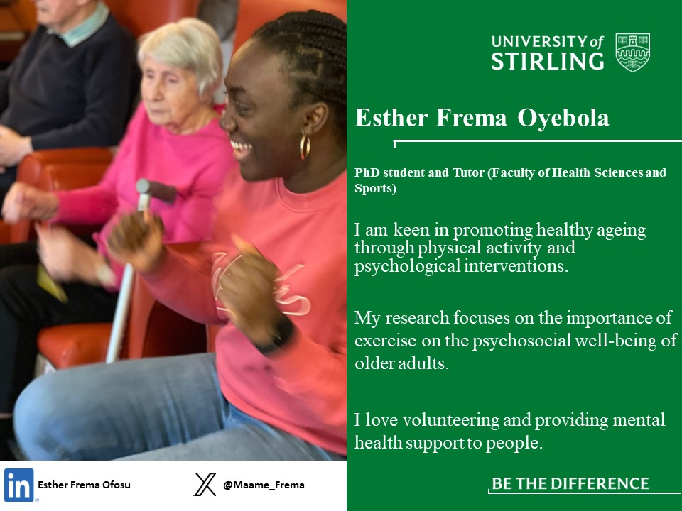 First up we have <a href="/Maame_Frema/">Esther Frema Ofosu</a> ! Esther is interested in PA in older adults! Take a look at some of the fantastic work she is doing here bmcgeriatr.biomedcentral.com/articles/10.11… <a href="/StirUni/">University of Stirling</a> <a href="/IAS_Stir/">Institute for Advanced Studies</a>