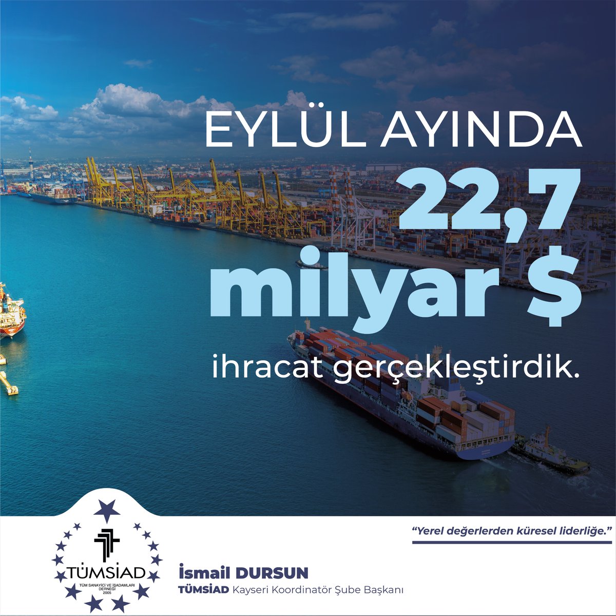 Eylül ayı ihracatımız 22,7 milyar dolar oldu. Böylece tüm zamanların en yüksek eylül ayı ihracatına ulaştık.