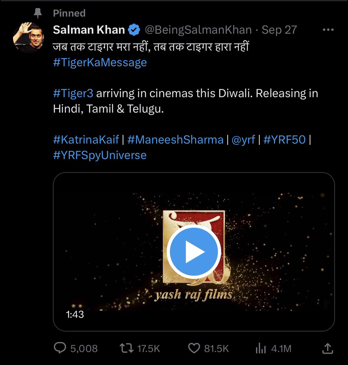 When megastar #ShahRukhKhan launched #PathaanTeaser - 146K likes, 40K RT

When mini star #SalmanKhan launched #Tiger3Teaser - 82K likes 18K RT

Salman’s image and reach among neutrals is like a TIKTOK star now. People see the content and ignore it. Only SRK can save him❤️