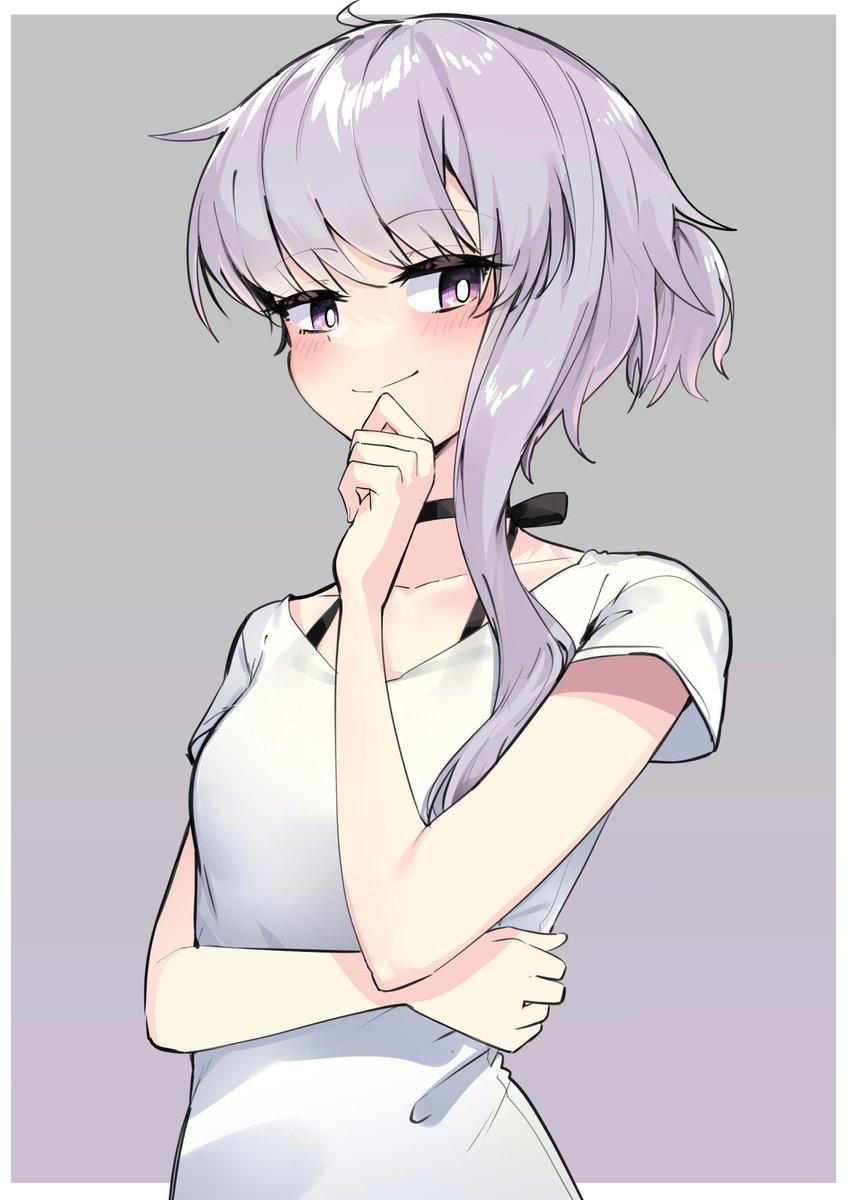 yuzuki yukari 1girl solo shirt purple hair purple eyes upper body white shirt  illustration images