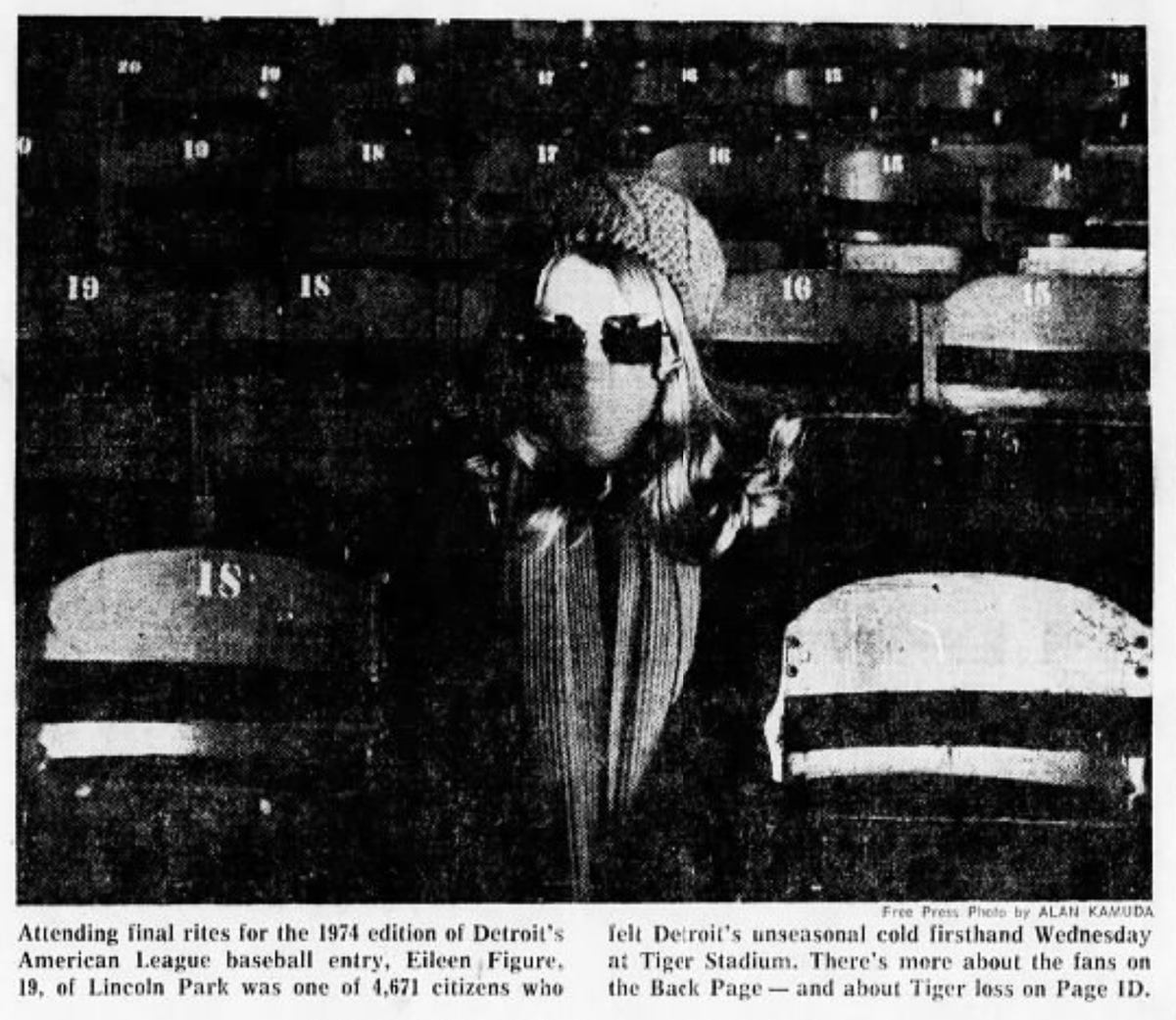 Detroit70s's tweet photo. October 1974: In front of sparse crowd of 4,671 and record cold temps of 29 degrees, Al Kaline ends his run as #MrTiger.

Due to a sore shoulder, Al takes himself out of the game after 2 at-bats causing a near riot from the fans when they see Ben Oglivie pinch hit. https://t.co/BEt7evxHi4